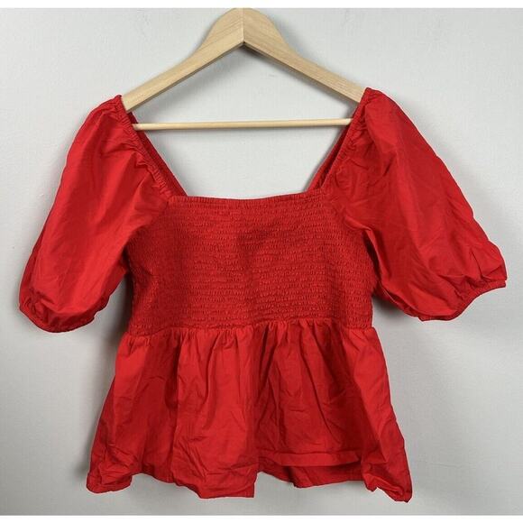 Loft Smocked Puff Short Sleeve Peplum Top Red Size Medium Cotton Stretch Women’s - Picture 2 of 6